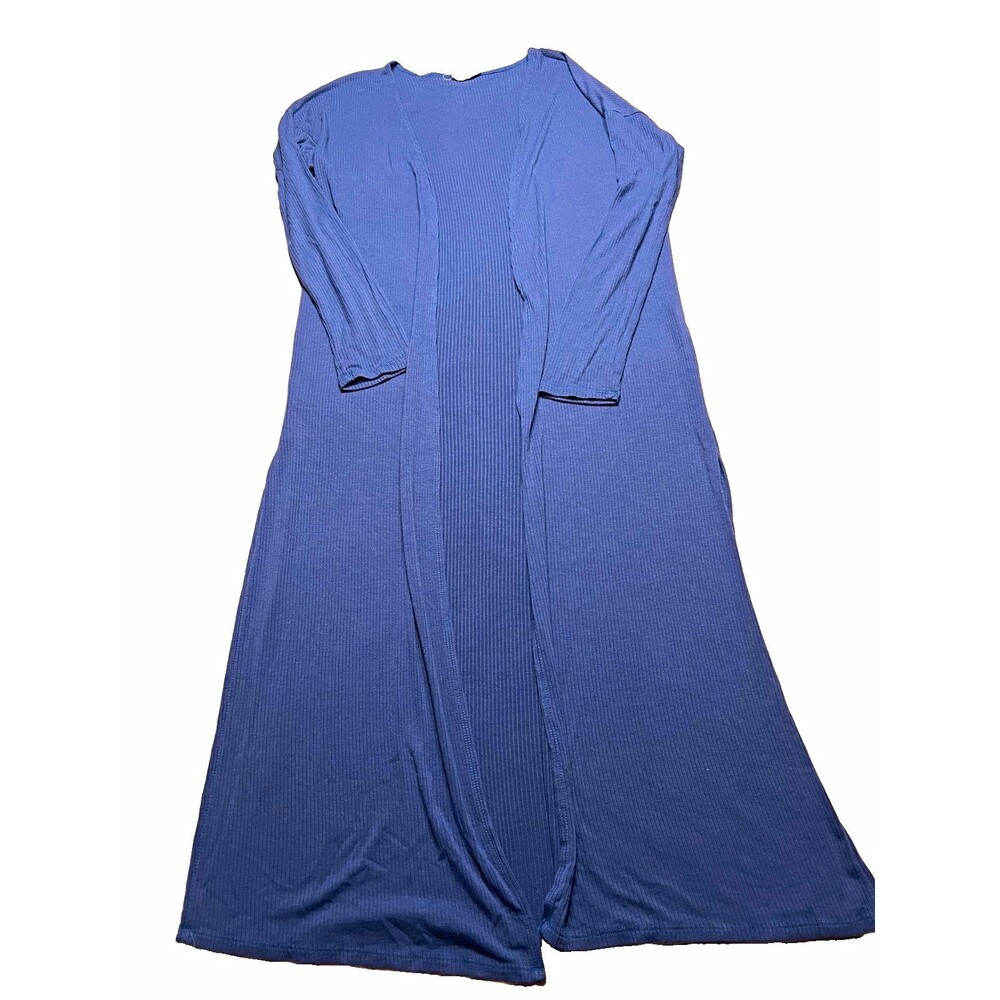 See You Monday Women’s Blue Ribbed Open Front Long Cardigan Duster M